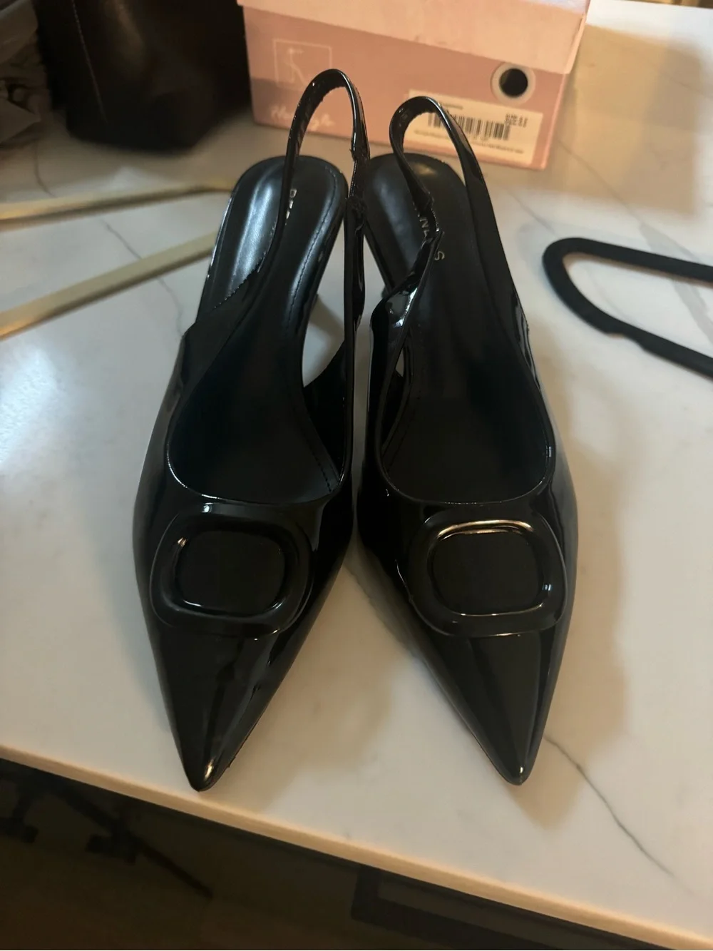 BERNESS Black Patent Slingback Kitten Heel with Buckle
